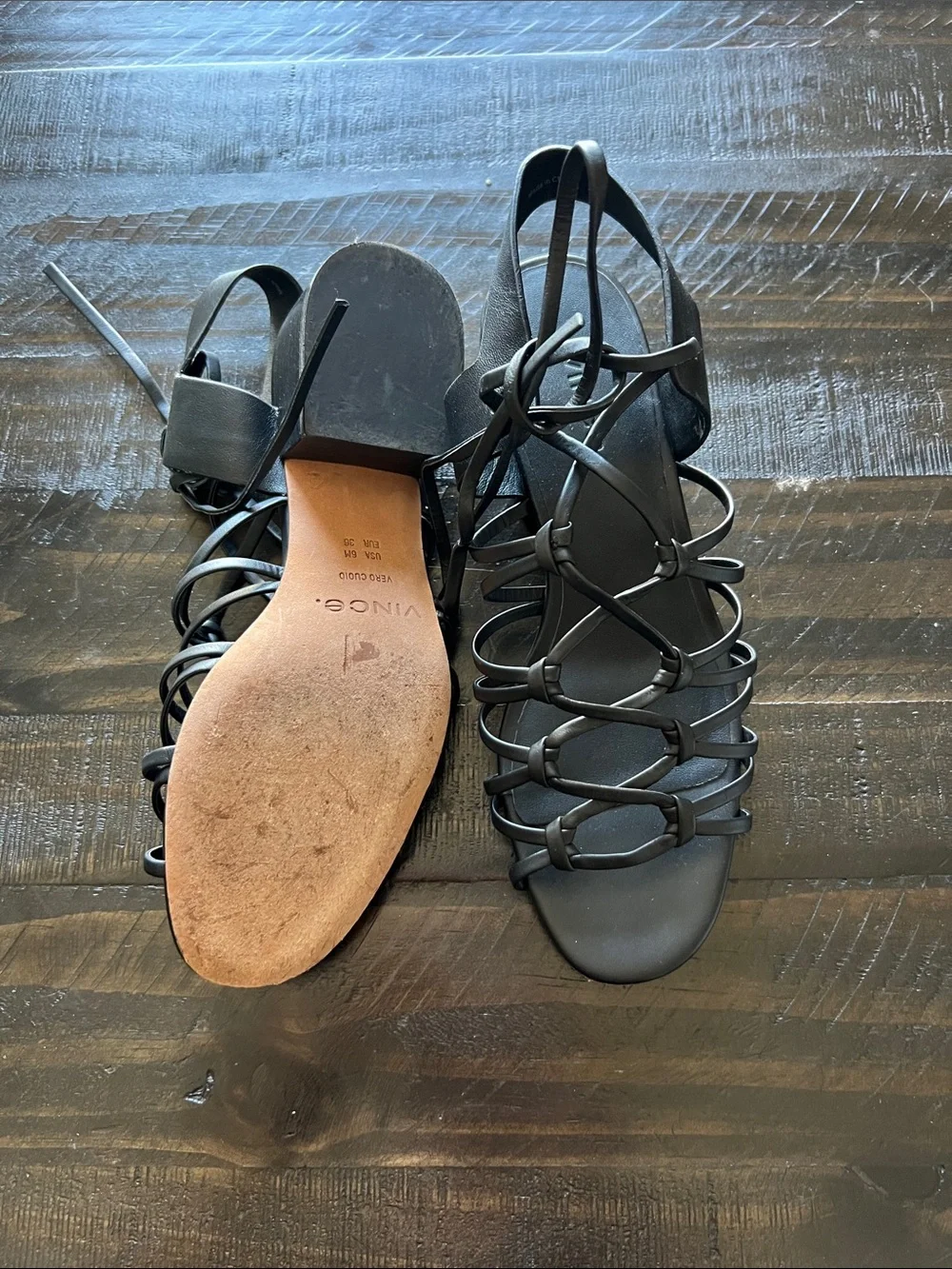 Vince Black Knotted Leather Strappy Sandals with Block Heel